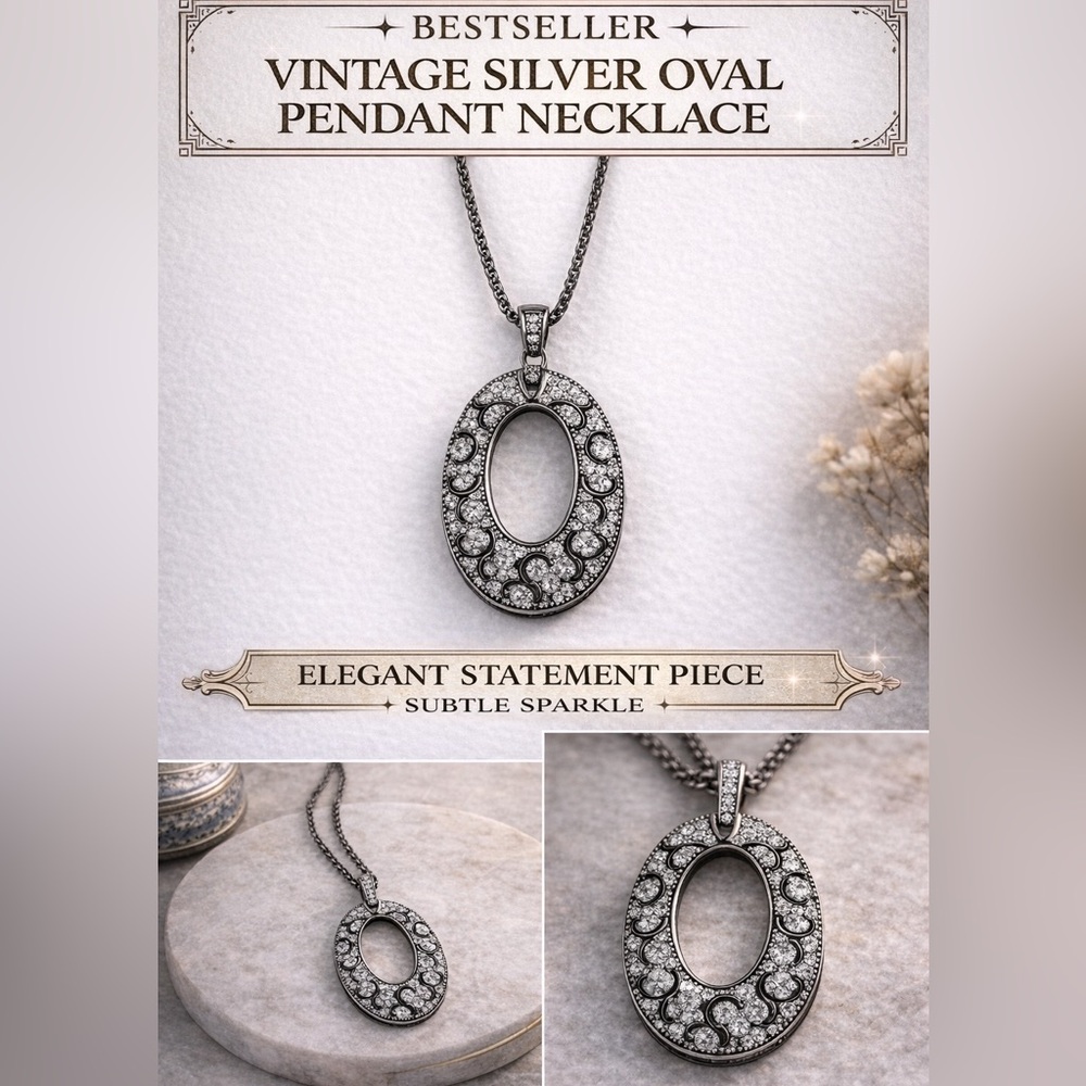 Vintage Silver Oval Pendant Necklace • 17.75” •Statement Piece •Subtle Sparkle
